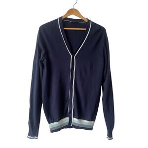 Saks Fifth Ave Cardigan Womens Med Blue Striped Preppy Grandpacore Old Money‎